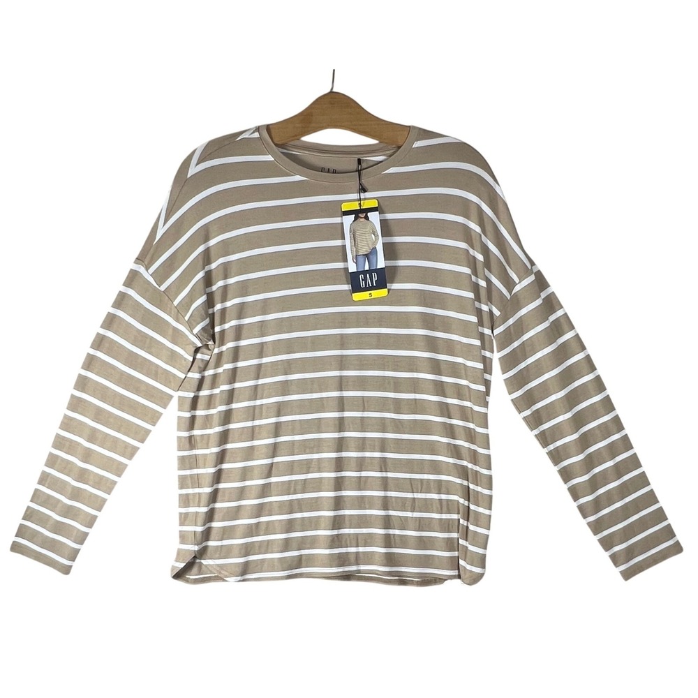 Gap Womens Tan White Striped Long Sleeve Crewneck Relaxed Fit Top Small NWT